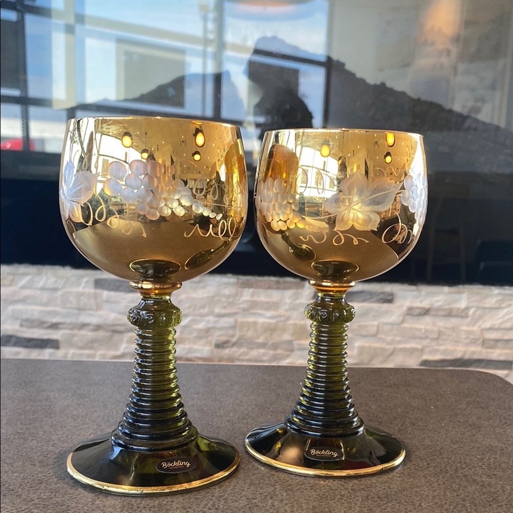 Two Vintage Bockling Bohemian Gold Encrusted Grape & Leaf German Wine Glasses